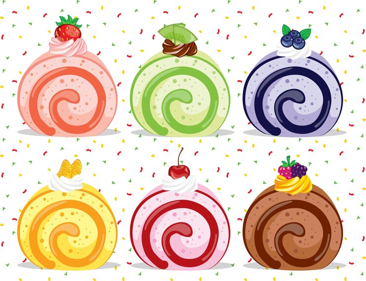 colorful fruit sweet yummy roll cakes set