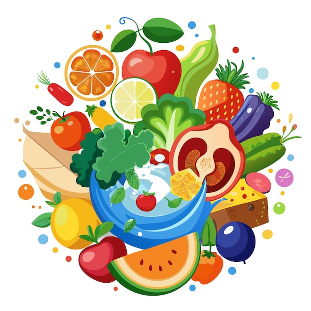 Colorful fruits and vegetables in a circle on a white background