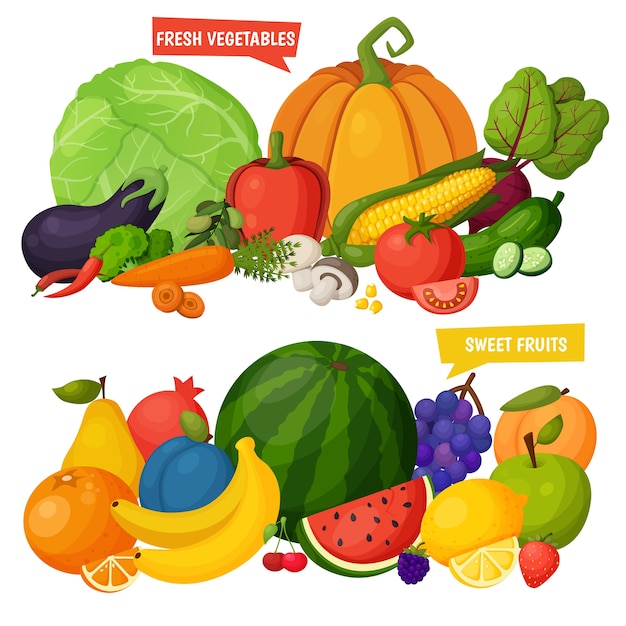 Colorful fruits and vegetables icons set. Template for cooking, restaurant menu and vegetarian food