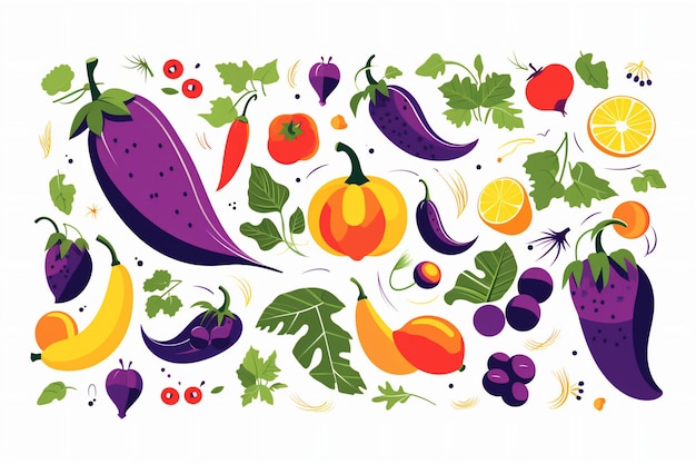 Vector colorful fruits vegetables leaves white background