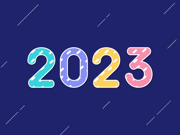 Design grafico colorato e divertente di felice anno nuovo 2023 su sfondo blu scuro.