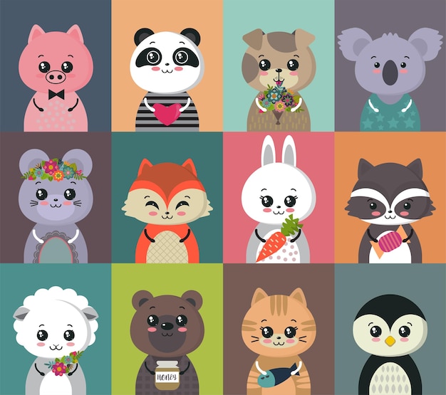 Set di personaggi animali divertenti colorati per il design di neonati e bambini