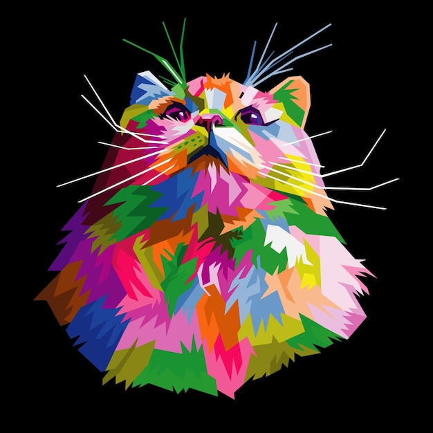 Vector colorful funny cat on pop art style isolated black backround