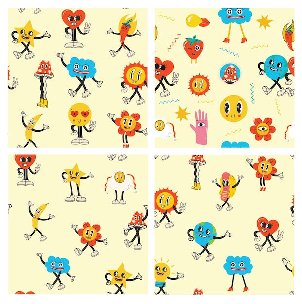 Colorful funny happy face label seamless pattern set Collection of trendy retro sticker cartoon backgrounds Weird comic character art wallpaper