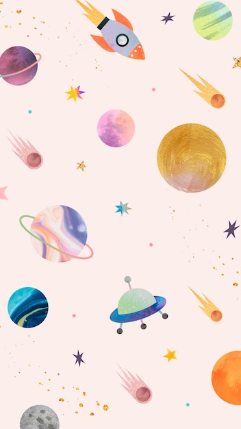 Colorful galaxy watercolor doodle on pastel background mobile phone wallpaper vector