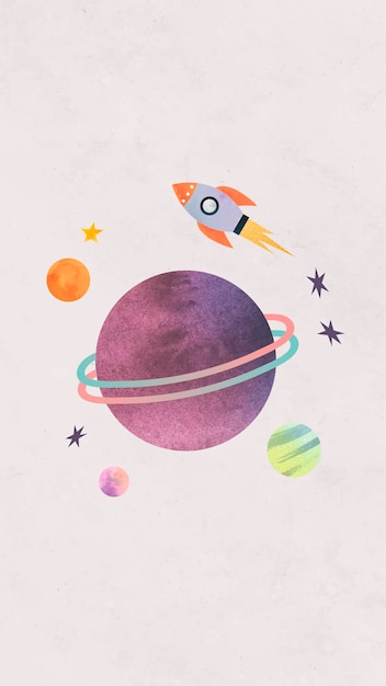 colorful galaxy watercolor doodle with a rocket on pastel background mobile phone wallpaper vector