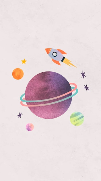 Colorful galaxy watercolor doodle with a rocket on pastel background mobile phone wallpaper vector