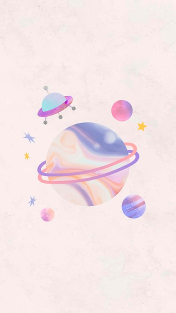 Doodle colorato dell'acquerello della galassia con un ufo sul vettore della carta da parati del telefono cellulare del fondo pastello