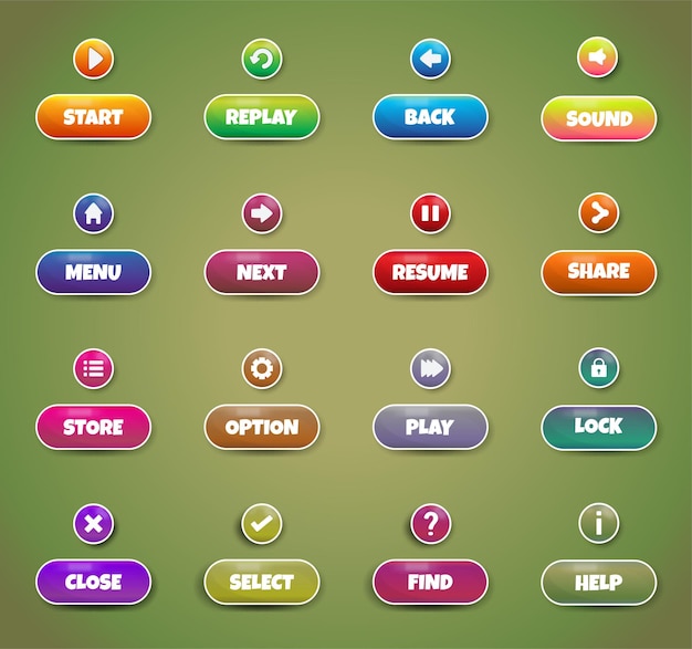 Vector colorful game buttons icons set 2d game asset isolated on gradient background