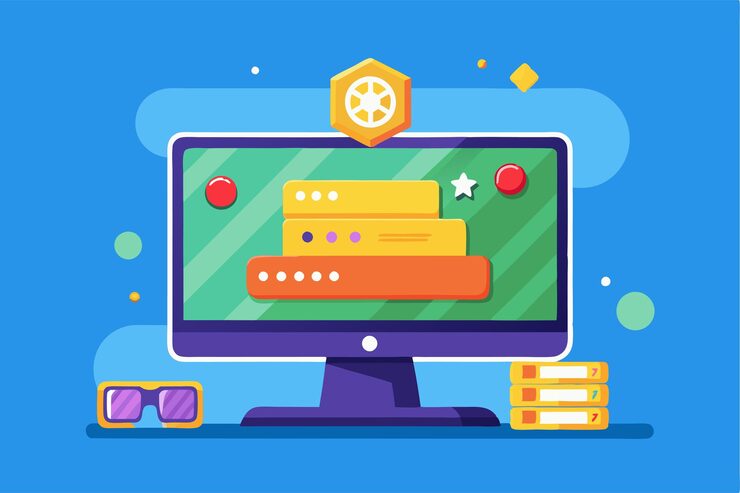 Vector 다채로운 게임 로딩 화면이 컴퓨터 모니터에 표시되며 장난스러운 디자인 요소가 있습니다. 게임 로딩이 있는 컴퓨터 디스플레이의 일러스트레이션