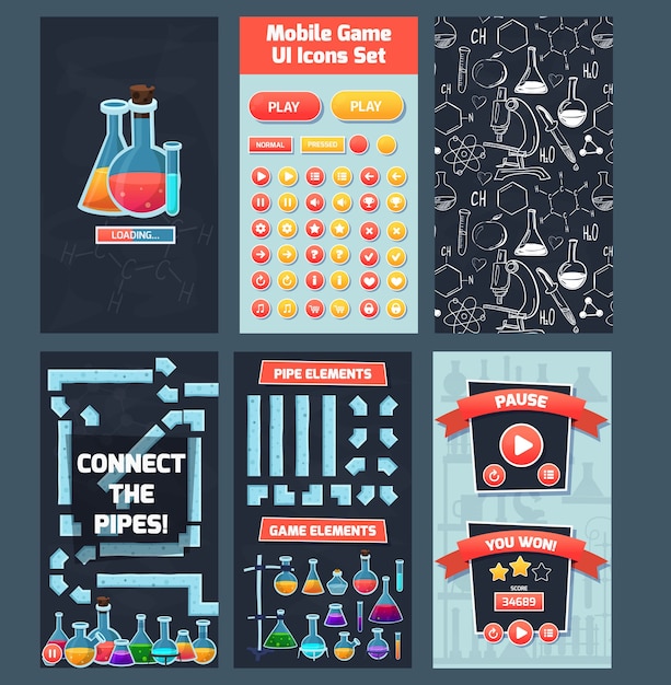 彩色游戏用户界面背景. 化学和科学概念插图. 电脑游戏和网络的用户界面,有菜单,按,级别和其他游戏元素.