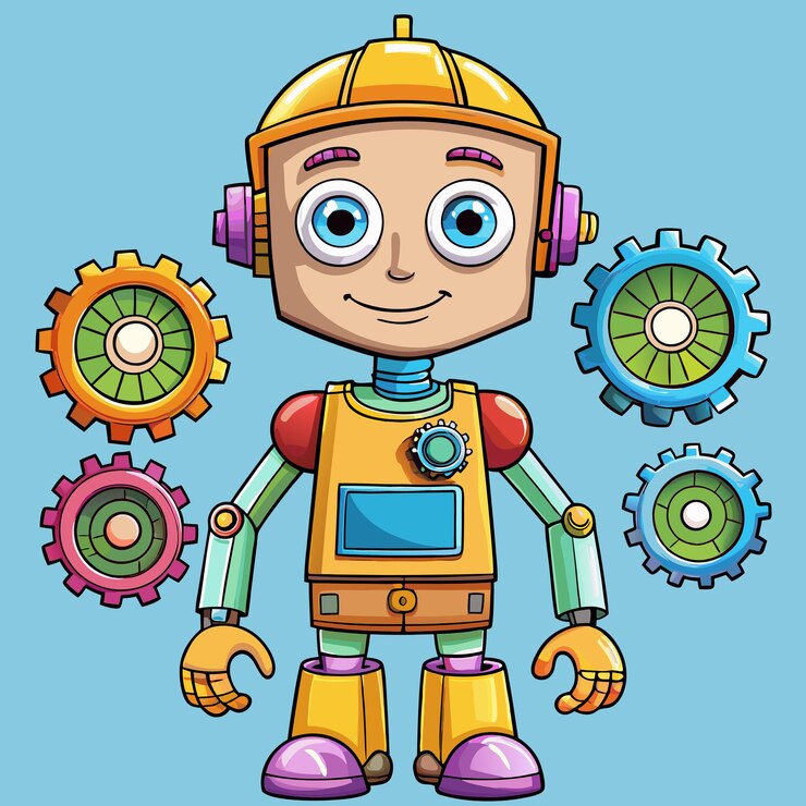 Vector colorful gears and cute robot boy cartoon art