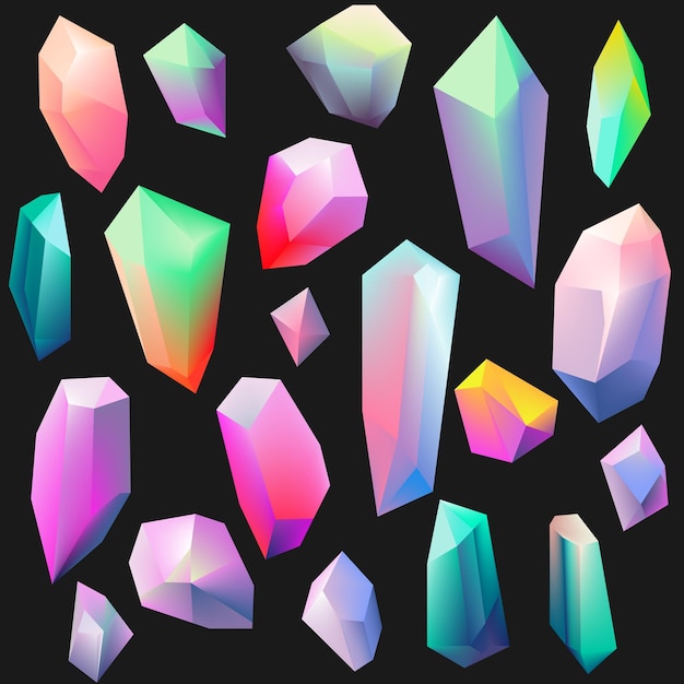 Colorful gemstones isolated on black Crystal icon collection Vector illustration