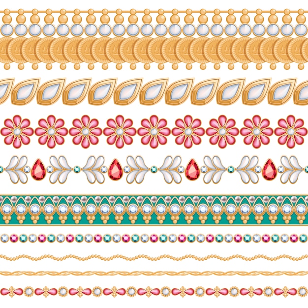 Vector colorful gemstones seamless horizontal borders set. ethnic indian style . chain bracelet necklace jewelry.