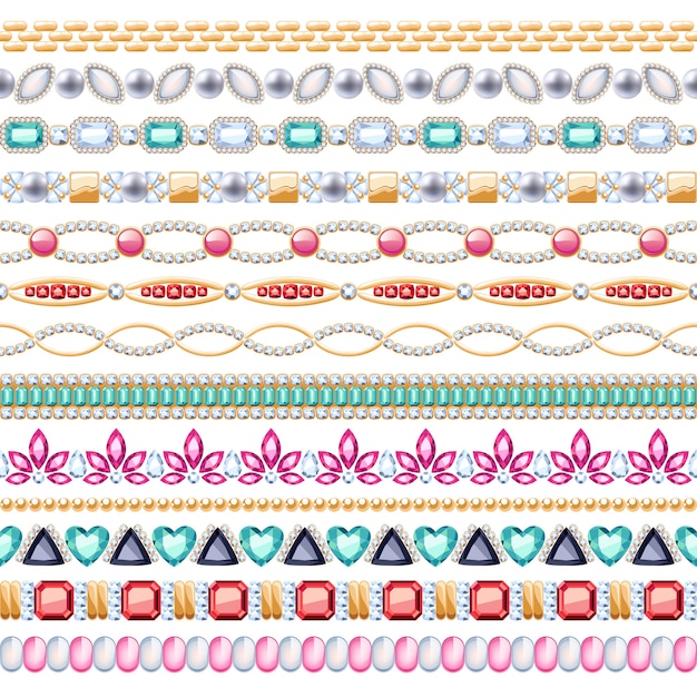 Vector colorful gemstones seamless horizontal borders set. ethnic indian style . chain bracelet necklace jewelry.