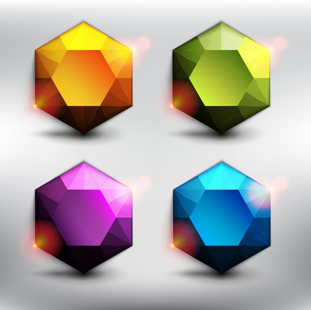 Vector colorful gemstones set of 6. low poly style diamonds in 6 different colors. isolated  on the white background.