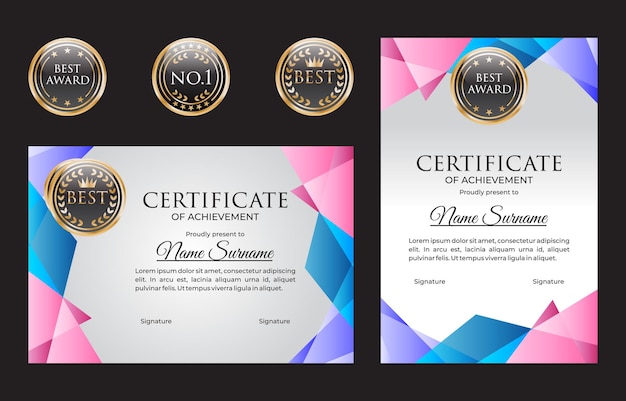 Vector colorful geometric certificate of graduationtemplate with gold badge