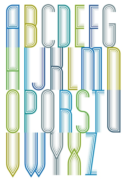 Vector colorful geometric decorative splicing font letters for greeting postcards with outline