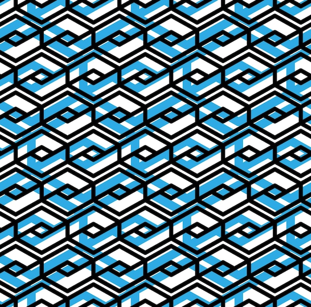 Colorful geometric overlay seamless pattern, symmetric endless vector background with intertwine blue lines. Abstract concept splicing covering.