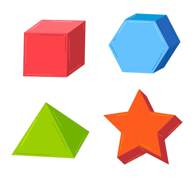 Вектор Красочные геометрические фигуры на белом фоне: красный куб, синий додекаэдр, зеленая пирамида, оранжевый