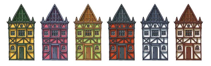 Vector colorful german houses cartoon collection urban landscape front view of european city
