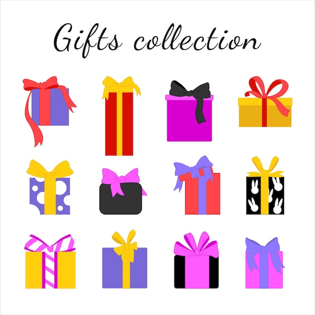 Colorful gift boxes with ribbon bows Vector present package in bright colors wrapping and different forms Surprise winter holidays design symbol in flat style