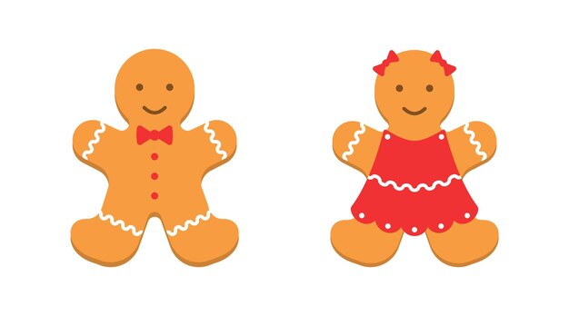 Vector colorful gingerbread man cheerful smiling red female and male character cookies for christmas