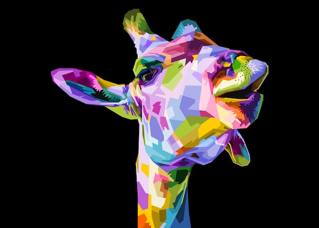 Colorful giraffe head isolated on black background.