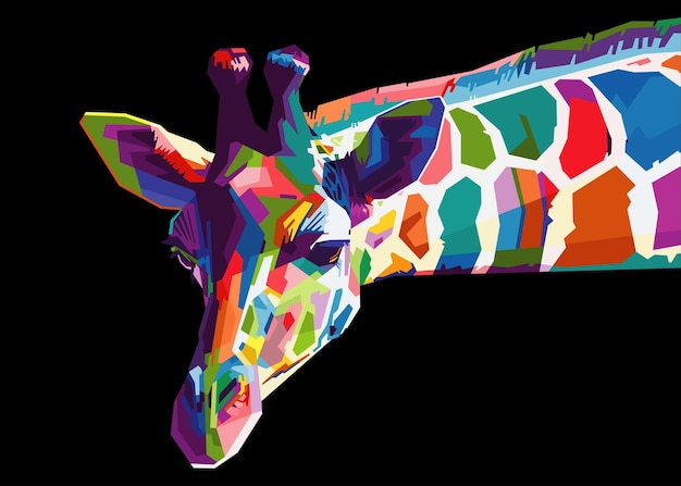 Vector colorful giraffe head on pop art style isolated with black backround