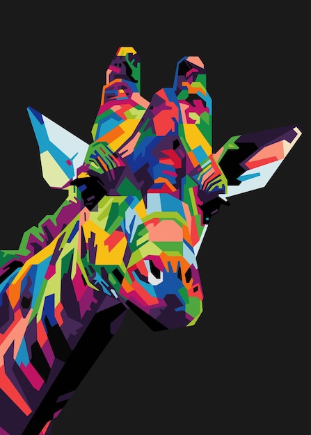 Vettore testa di giraffa colorata in stile pop art isolata con backround nero