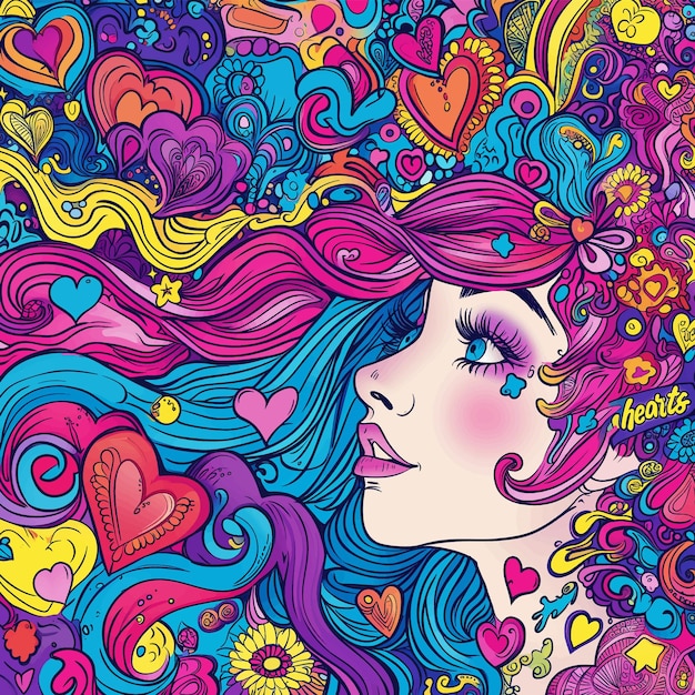 Vector colorful girl with hearts ilustration