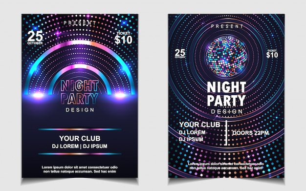 Vettore volantino colorato per musica da ballo per la notte, glitter o poster design