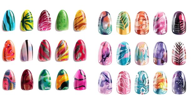 Vector colorful glossy decorative polish collection with texture and print for finger nail
