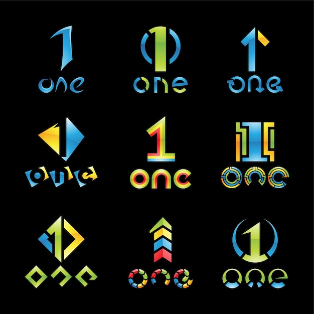 Vettore icone lucide colorate numero 1 su sfondo nero