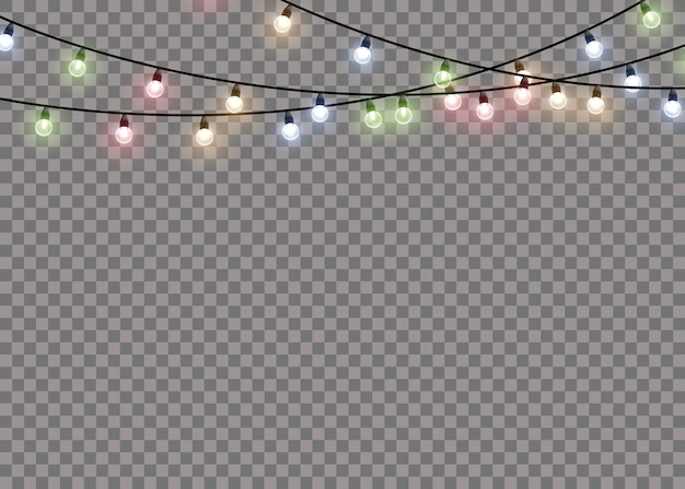 Colorful glow light lamp on wire strings isolated transparent background. garlands decorations.