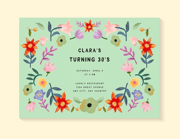 Vector colorful gouache floral birthday invitation template