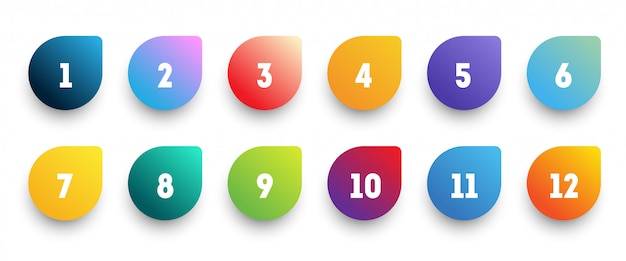 Vector colorful gradient arrow bullet point set with number from 1 to 12.