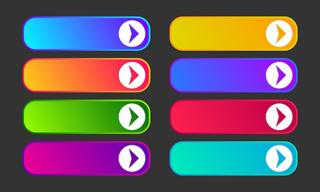 Красочные кнопки градиента со стрелками. набор из восьми современных абстрактных веб-кнопок. векторная иллюстрация