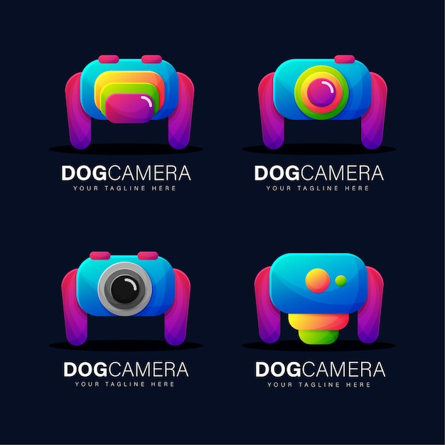 カラフルなグラデーション犬カメラロゴデザインセット