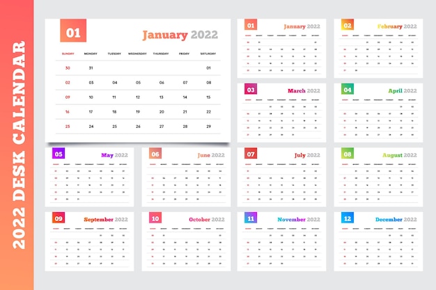 Vector colorful gradient header simple and elegant 2022 desk calendar