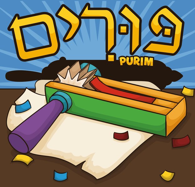 Vector colorful gragger or ratchet on a ragged paper scroll silhouette and covered with confetti for purim