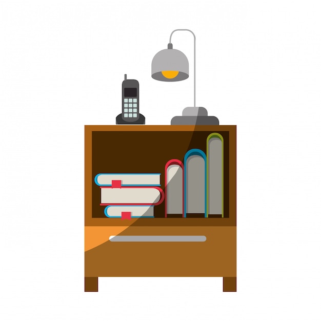 Grafica colorata del comodino con telefono cordless e lampada e libri accatastati senza contorno e mezza ombra