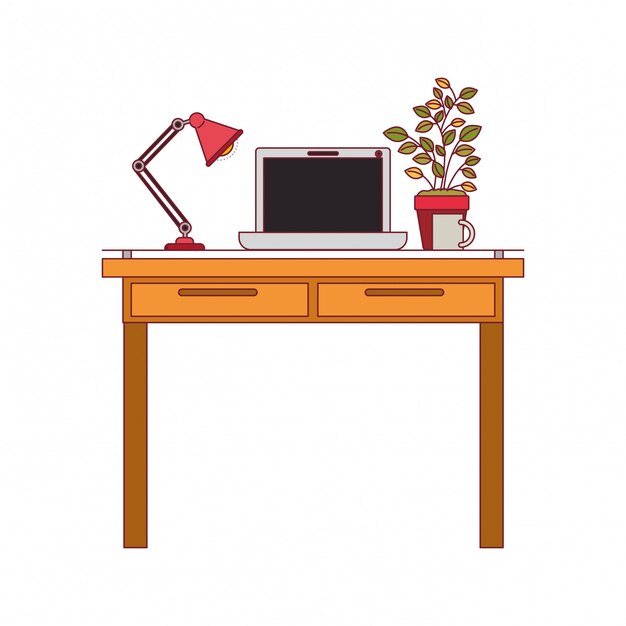 Colorful graphic of work place office interior with laptop computer and lamp and plantpot with dark red line contour