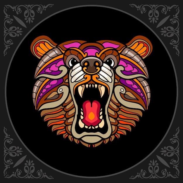 colorful grizzly bear zentangle arts isolated on black background