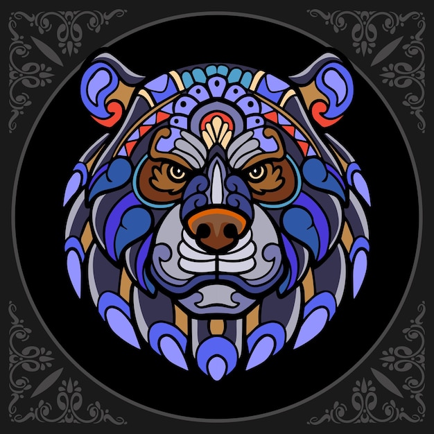 colorful grizzly bear zentangle arts isolated on black background