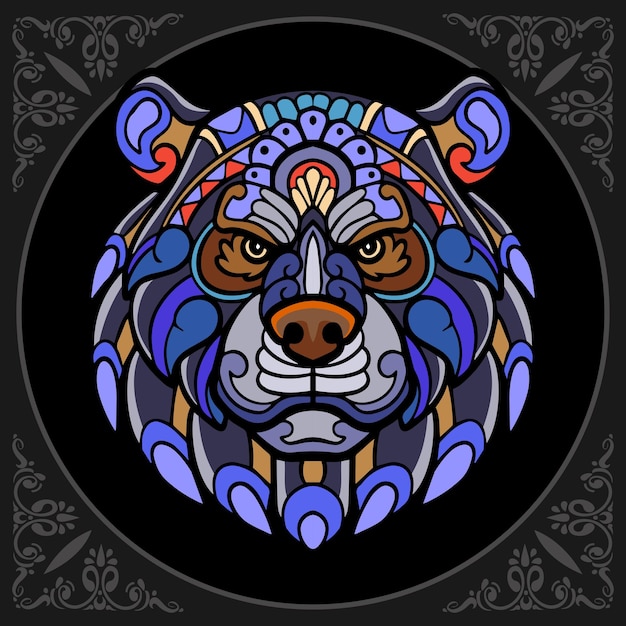 Colorful grizzly bear zentangle arts isolated on black background