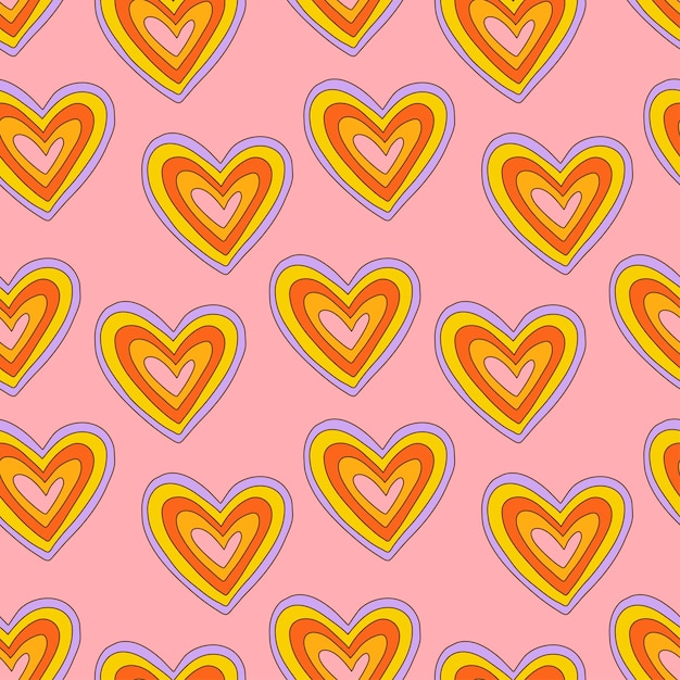 Colorful groovy heart seamless pattern funny multicolored retro print for fabric paper and surface design psychedelic vector illustration