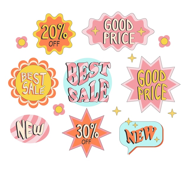 Colorful groovy sale sticker collection Set of trendy retro cartoon label for store discount