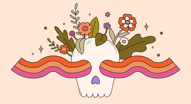 Colorful groovy skull with flowers and rainbow waves