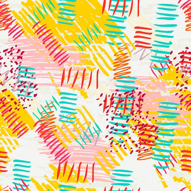 Colorful grunge seamless pattern with abstract hand drawn brush strokes and paint splashes.
